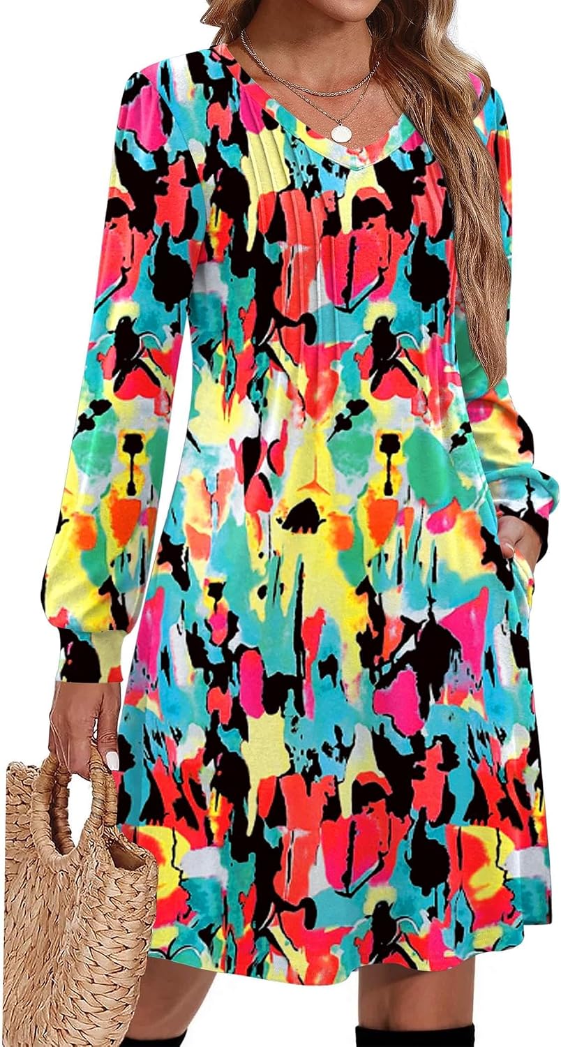 Pleated V-Neck Long-Sleeve A-Line Tunic Dress in Mixed Printed