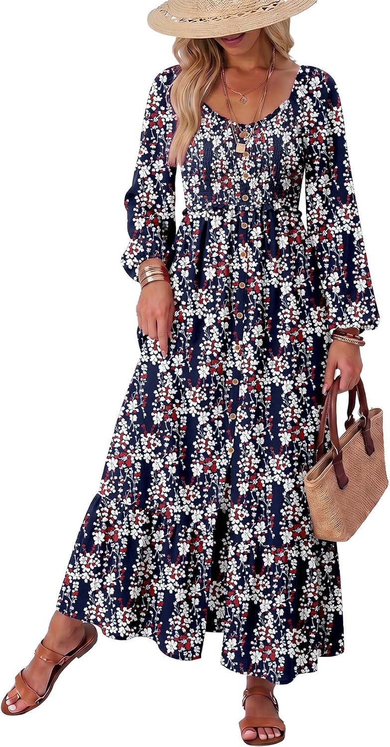 Floral Smocked Long-Sleeve Maxi Dress with Square Neck in Blue 10520
