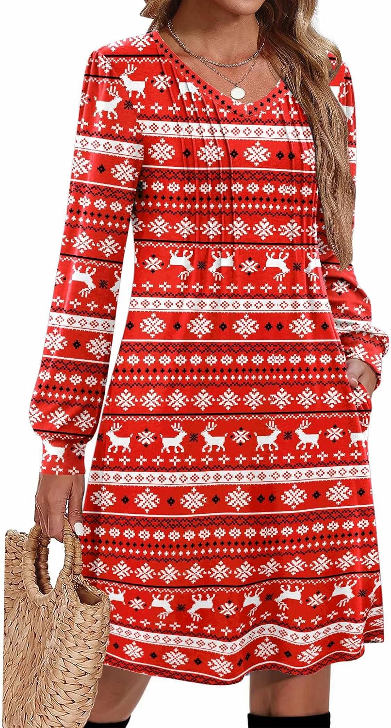 Pleated V-Neck Long-Sleeve A-Line Tunic Dress in Xmas Reindeer