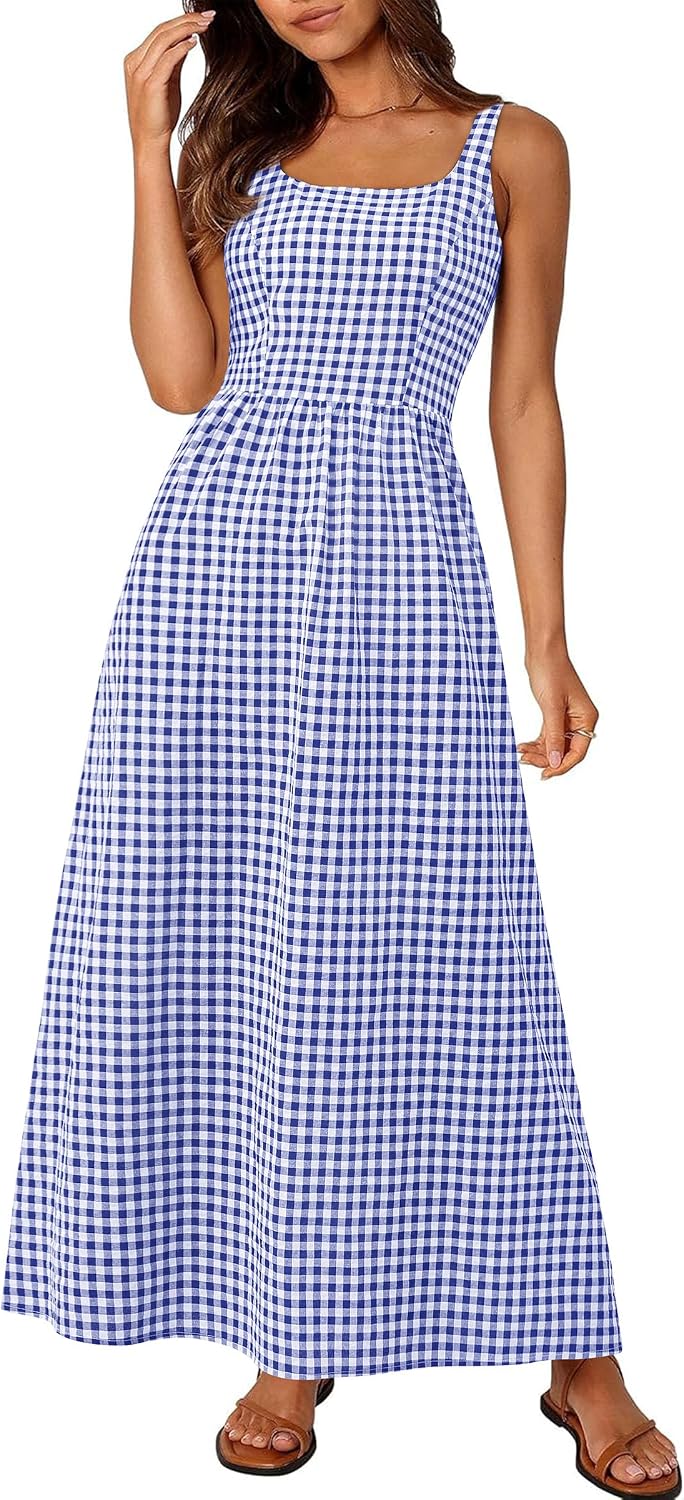 Gingham Smocked-Back Square-Neck Maxi Sundress in Navy