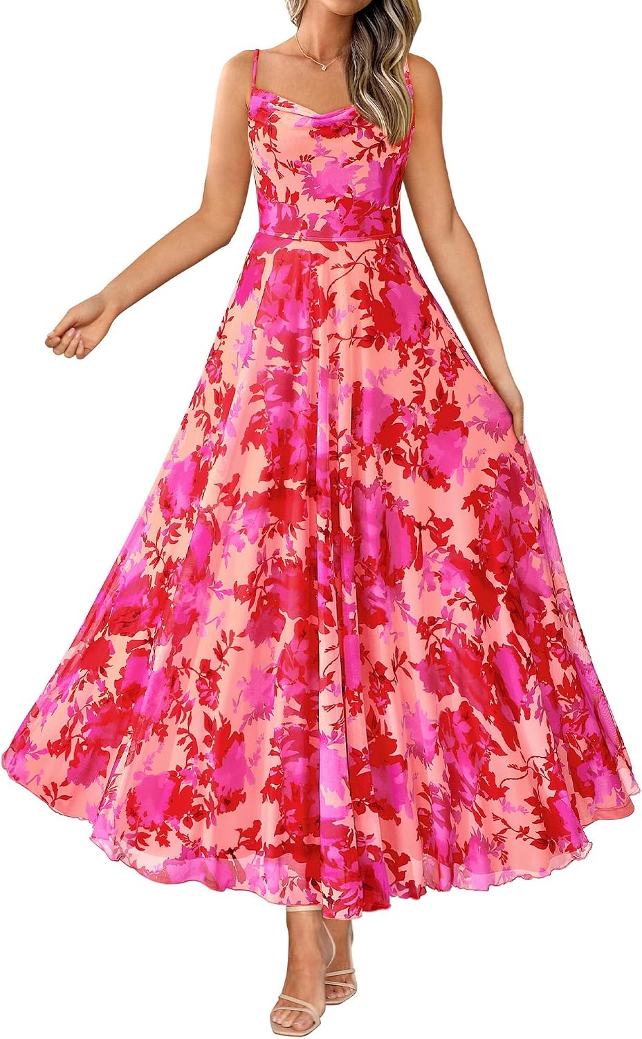 Floral Spaghetti Strap Maxi Dress in Floral Rose Red