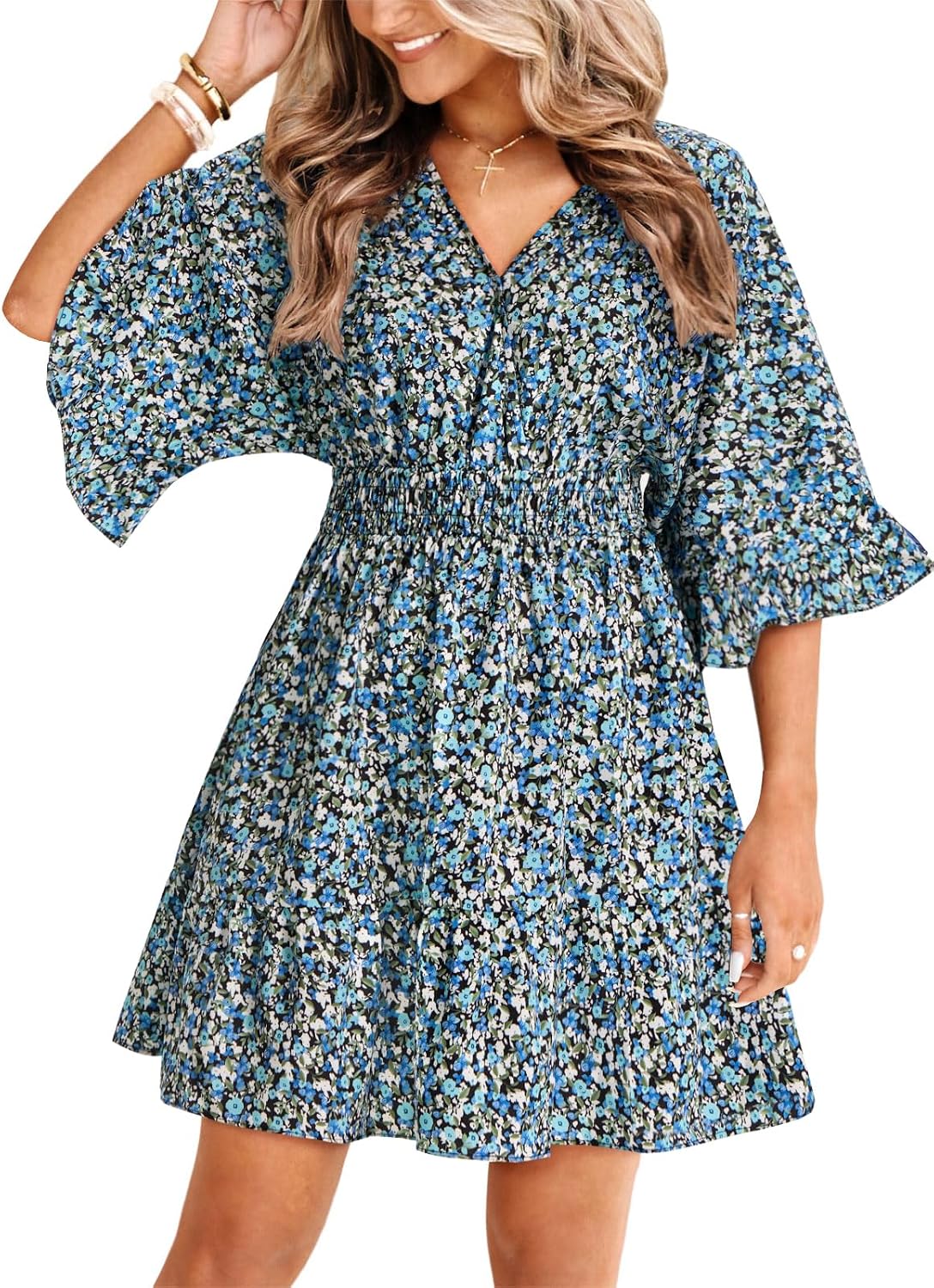 V-Neck Smocked-Waist Ruffle Mini Wrap Dress in Sky Blue