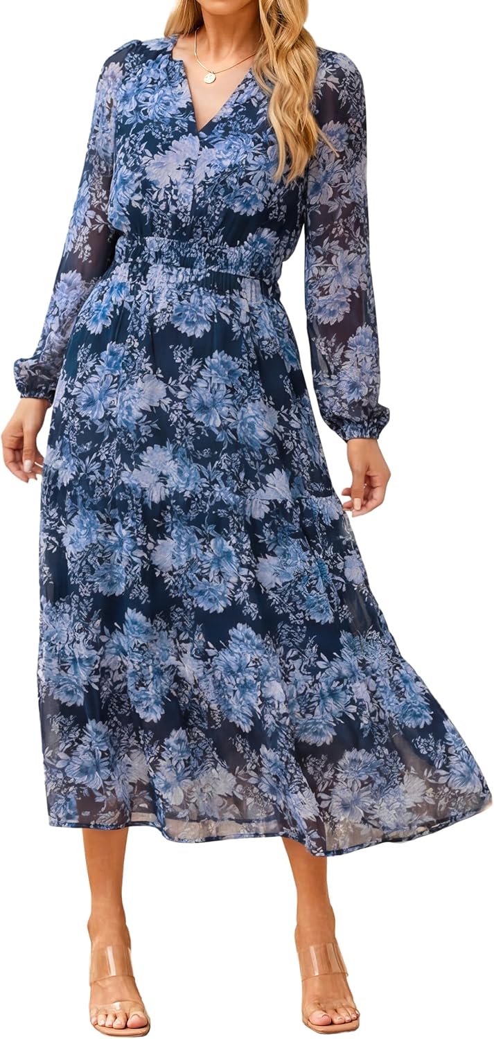 Floral V-Neck Long-Sleeve Flowy Maxi Dress in Blue Navy Floral