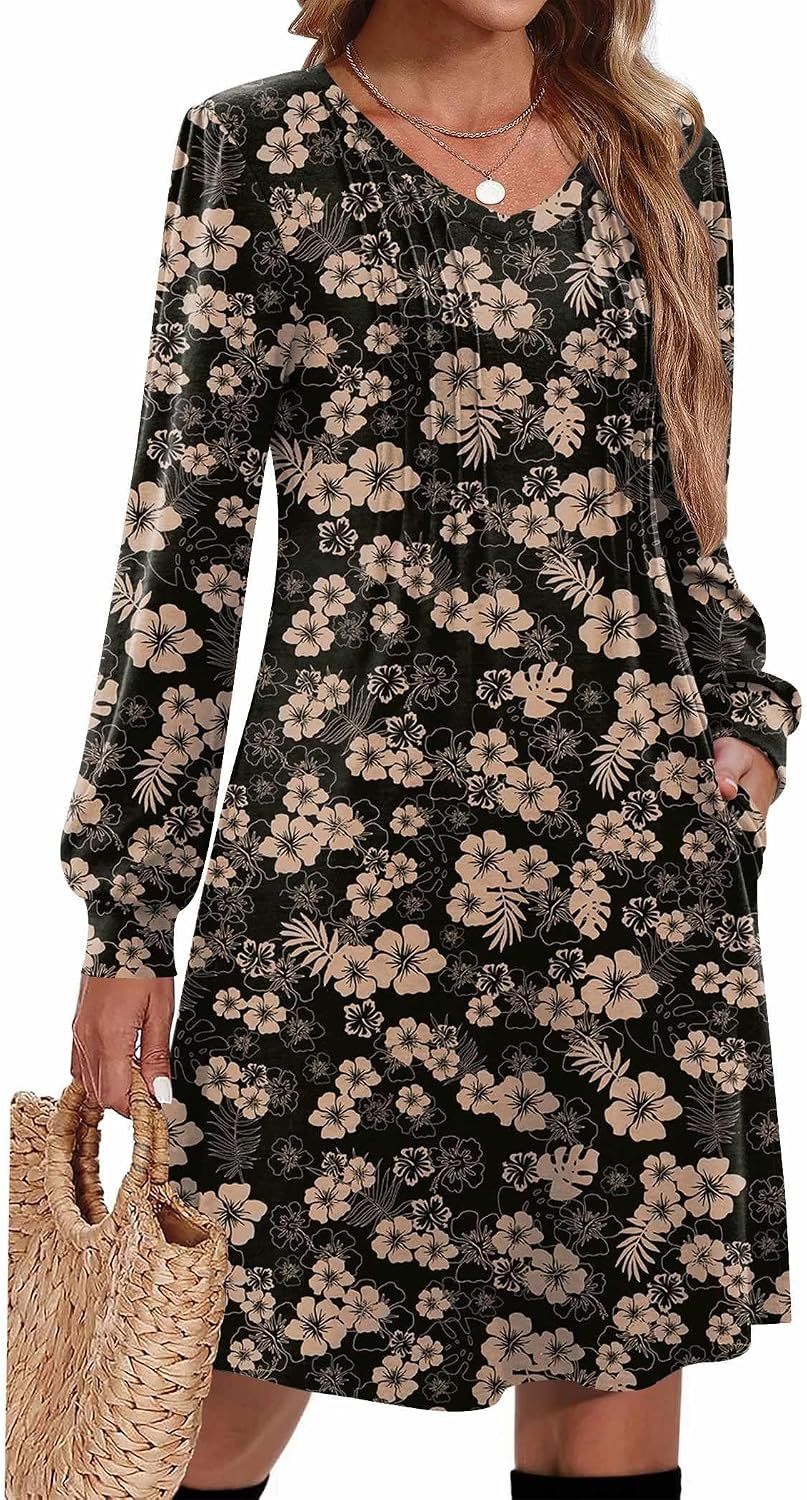 Pleated V-Neck Long-Sleeve A-Line Tunic Dress in Black Floral 02