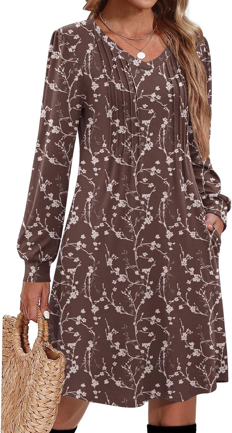 Pleated V-Neck Long-Sleeve A-Line Tunic Dress in Brown Floral