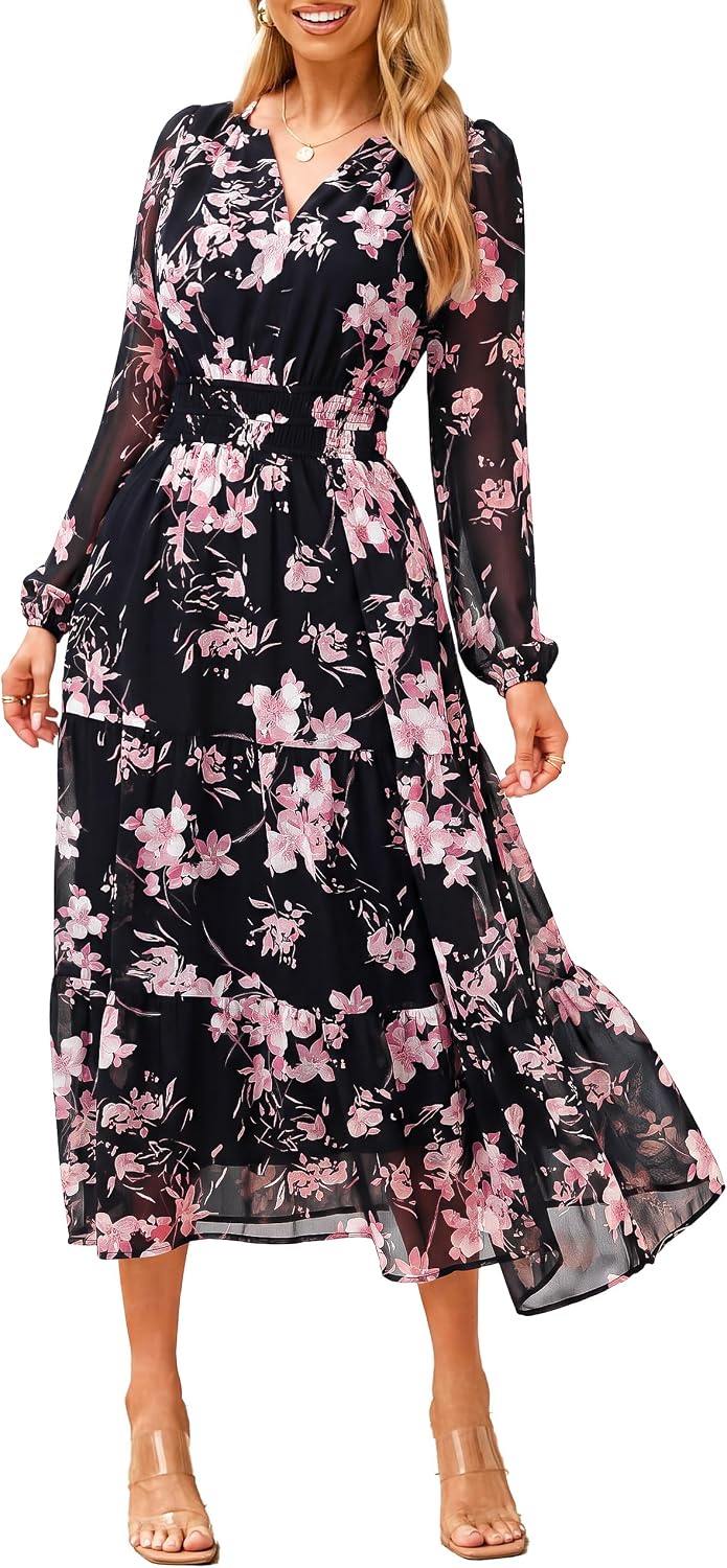 Floral V-Neck Long-Sleeve Flowy Maxi Dress in Pink Black Floral