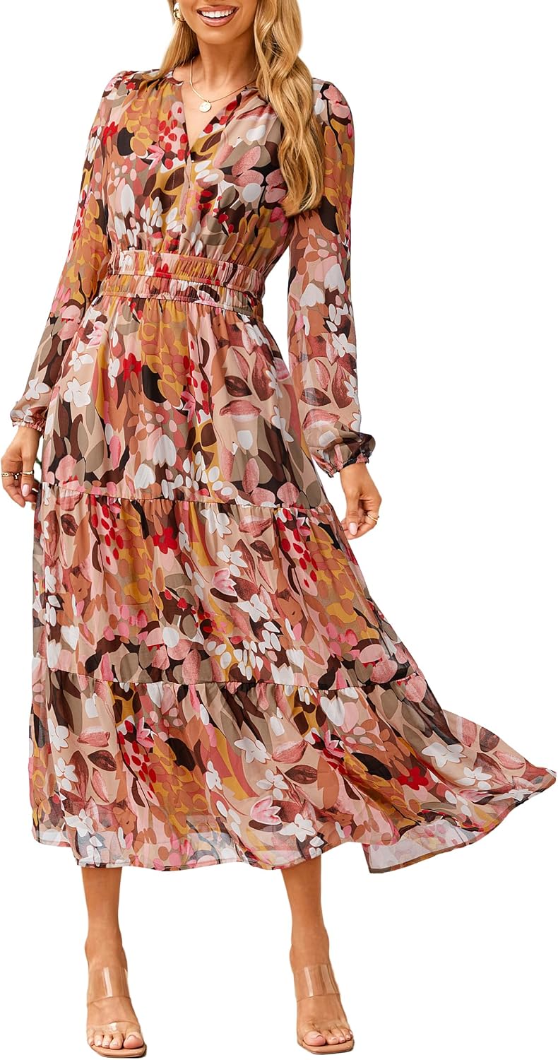 Floral V-Neck Long-Sleeve Flowy Maxi Dress in Light Pink Floral