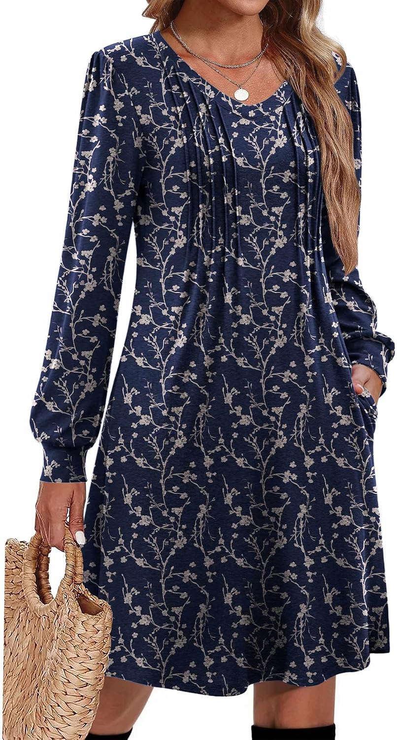 Pleated V-Neck Long-Sleeve A-Line Tunic Dress in B26 Navy Floral