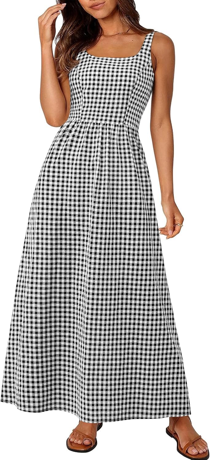 Gingham Smocked-Back Square-Neck Maxi Sundress in Black