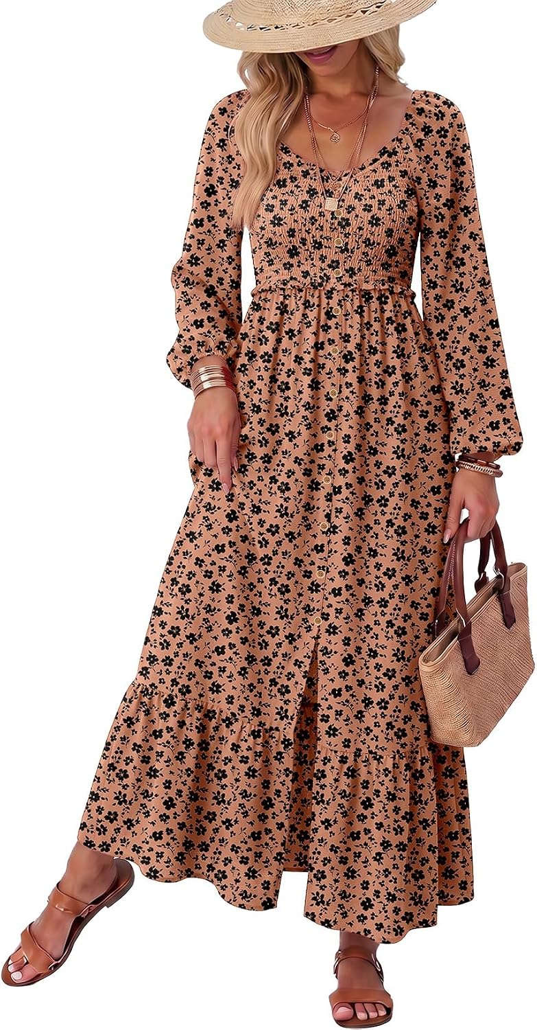 Floral Smocked Long-Sleeve Maxi Dress with Square Neck in Dark Brown