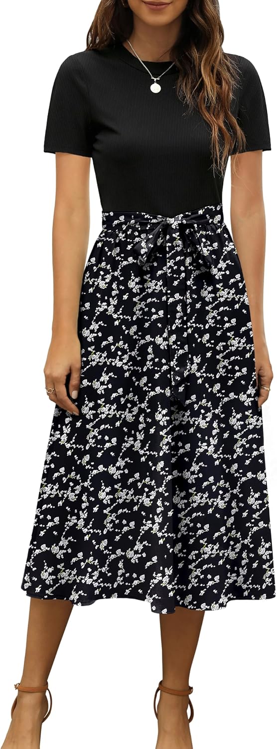 Ribbed Short-Sleeve Midi Dress in Black Green White