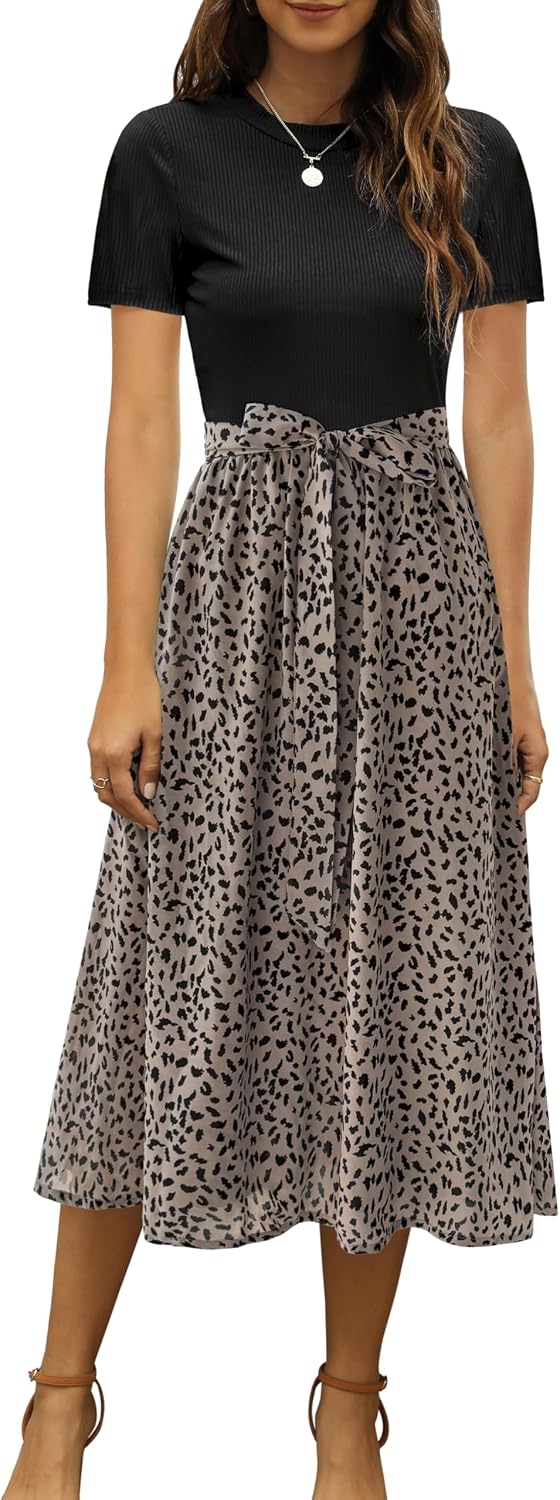Ribbed Short-Sleeve Midi Dress in black and brown