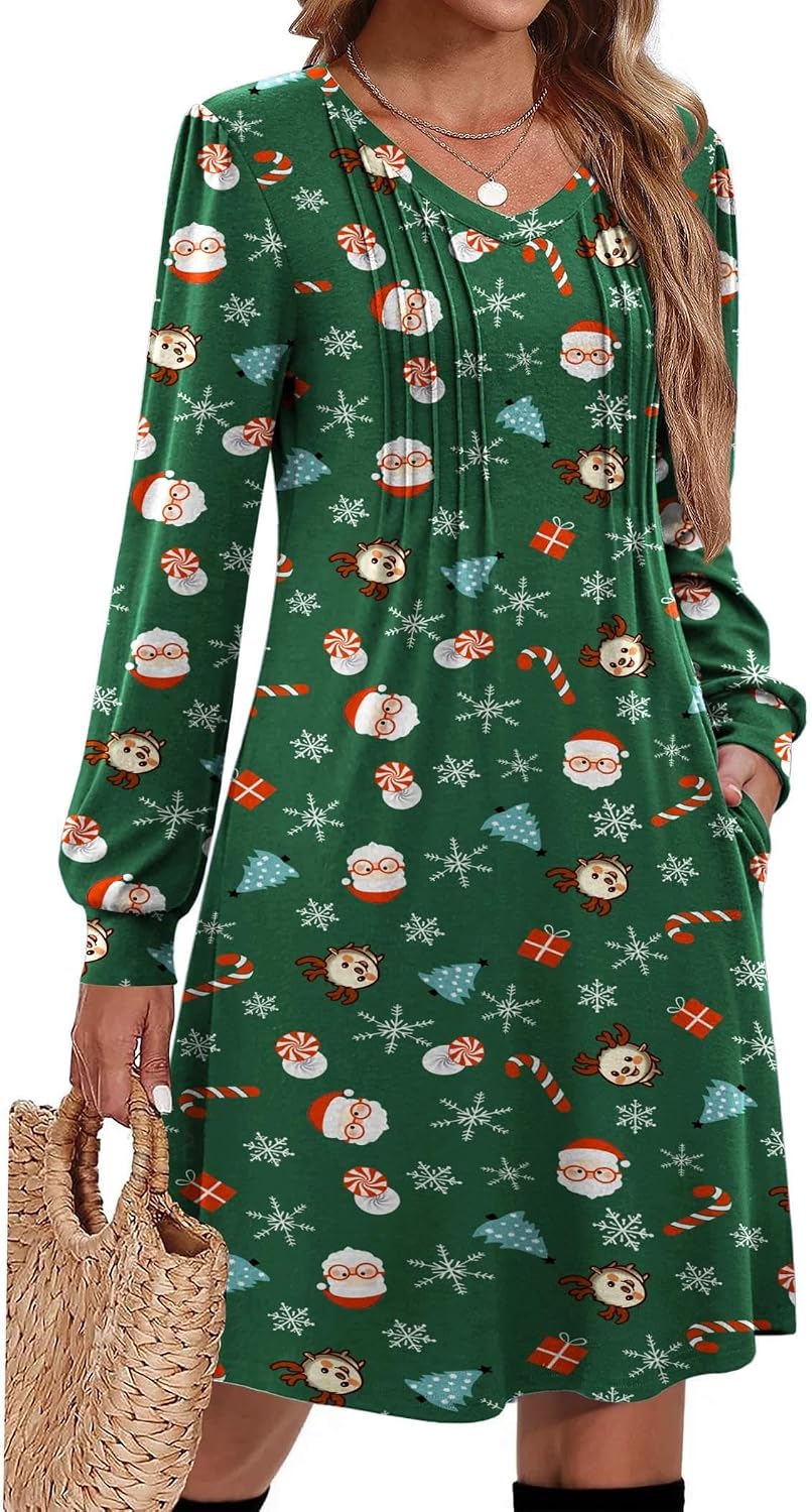 Pleated V-Neck Long-Sleeve A-Line Tunic Dress in Xmas Green