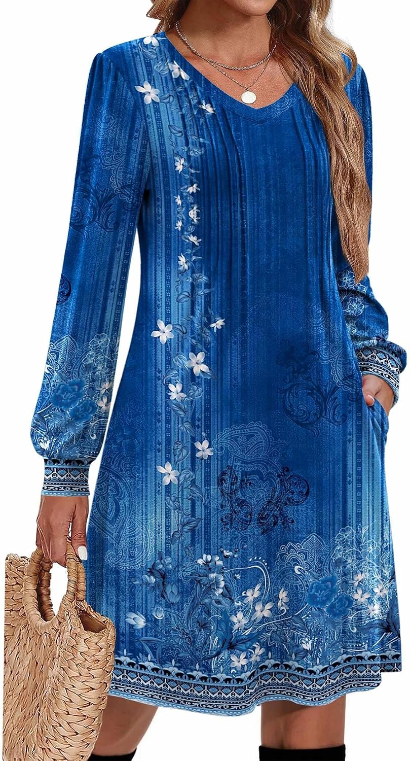 Pleated V-Neck Long-Sleeve A-Line Tunic Dress in Blue Floral