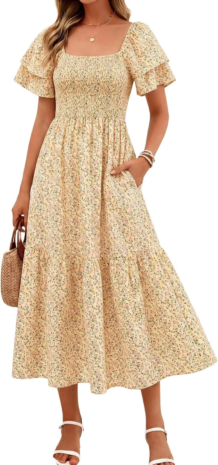 Off-Shoulder Ruffle Square-Neck Midi Dress in Pale Yellow Floral