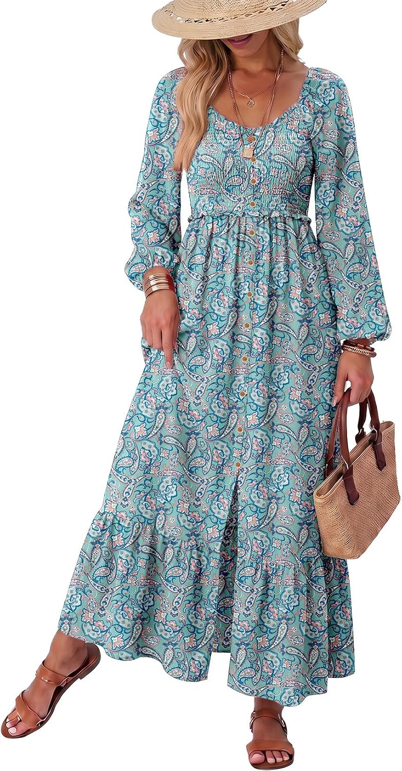 Floral Smocked Long-Sleeve Maxi Dress with Square Neck in Blue