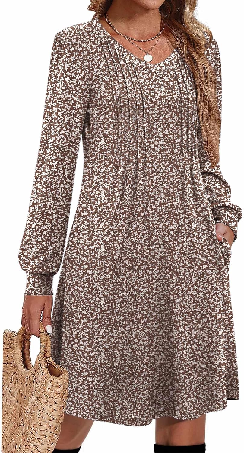 Pleated V-Neck Long-Sleeve A-Line Tunic Dress in B26 Brown Floral