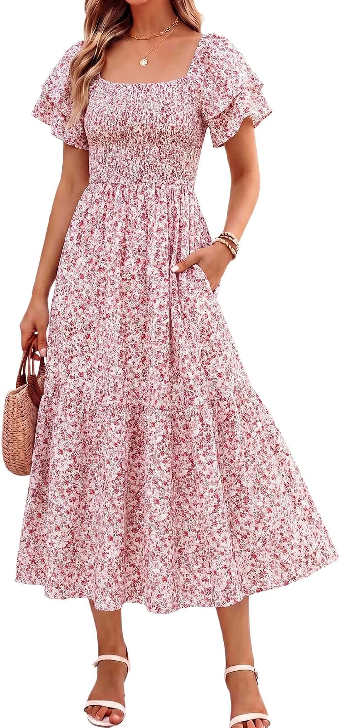 Off-Shoulder Ruffle Square-Neck Midi Dress in Pink White Floral