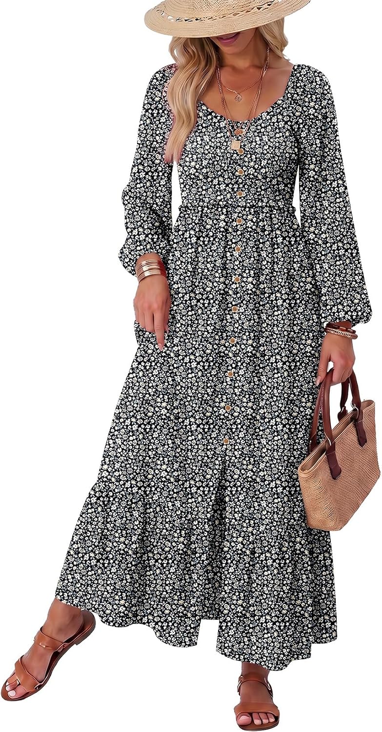Floral Smocked Long-Sleeve Maxi Dress with Square Neck in Black 10220