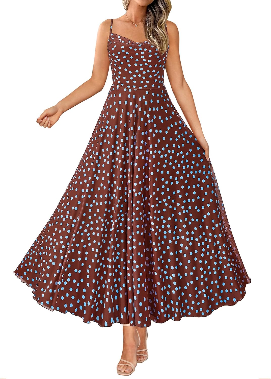 Floral Spaghetti Strap Maxi Dress in Polka Dot Brown Blue