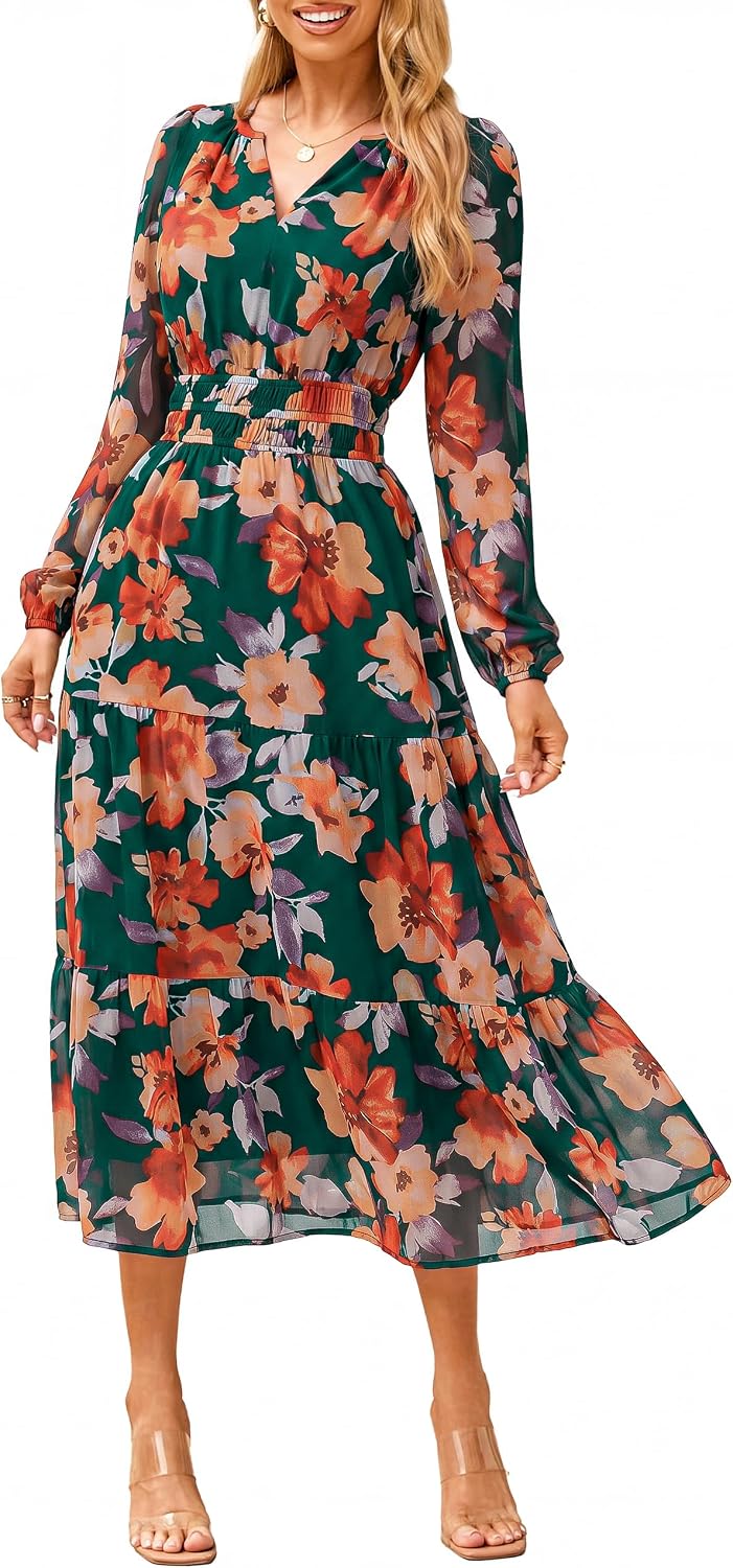 Floral V-Neck Long-Sleeve Flowy Maxi Dress in Orange Green Floral