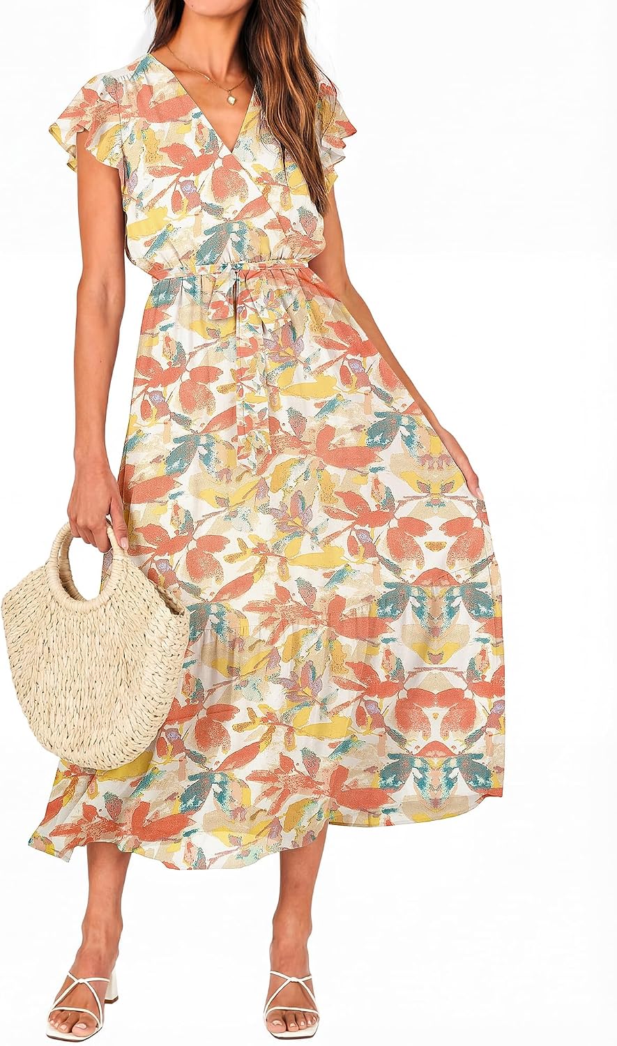 Swiss Dot Wrap V-Neck Belted Midi Dress in White Big Flower