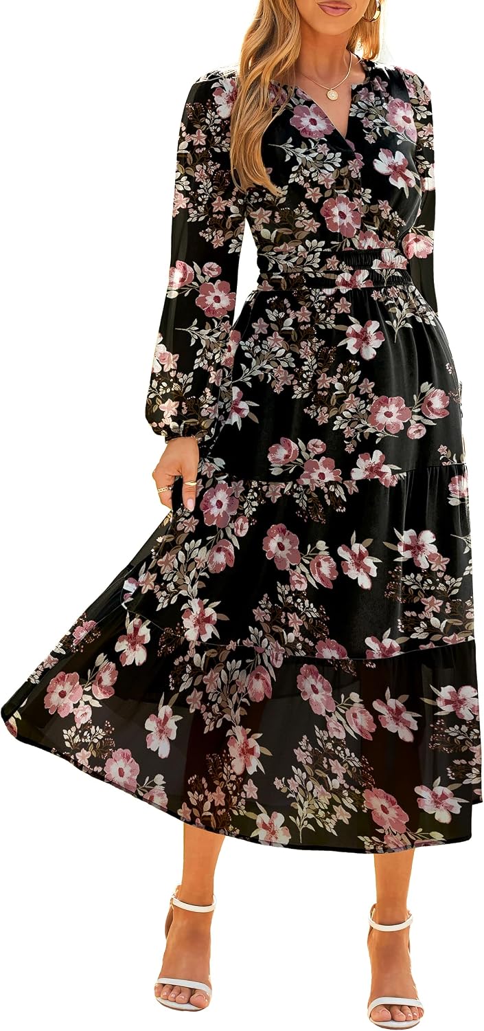 Floral V-Neck Long-Sleeve Flowy Maxi Dress in Black Pink Floral