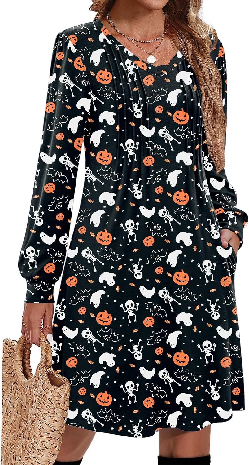Pleated V-Neck Long-Sleeve A-Line Tunic Dress in Halloween Print