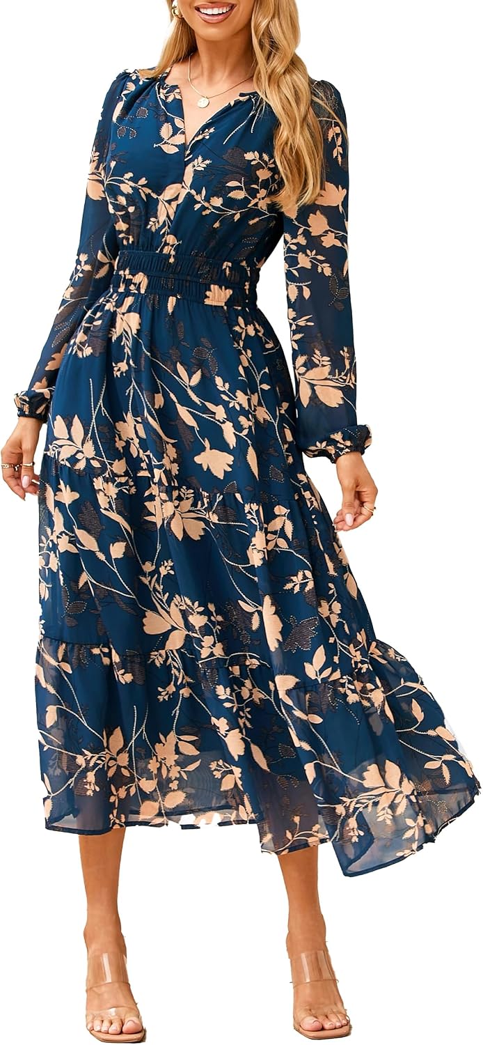 Floral V-Neck Long-Sleeve Flowy Maxi Dress in Navy Floral