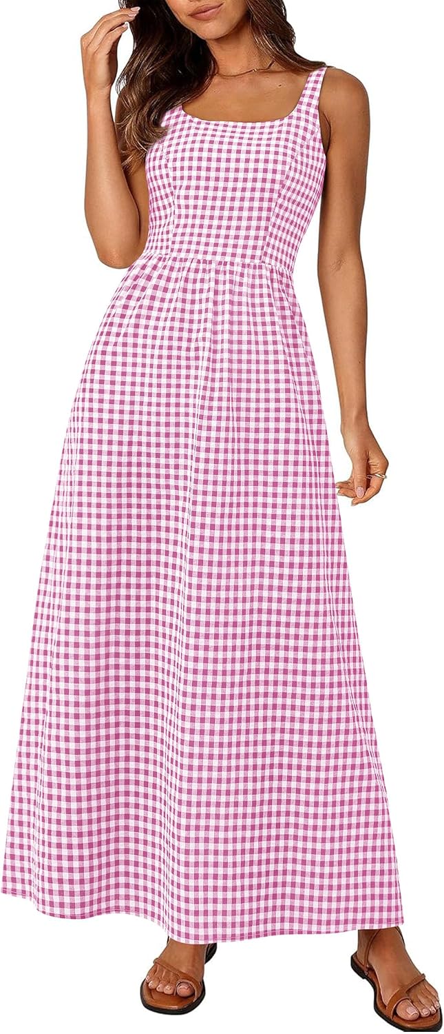 Gingham Smocked-Back Square-Neck Maxi Sundress in Pink Purple