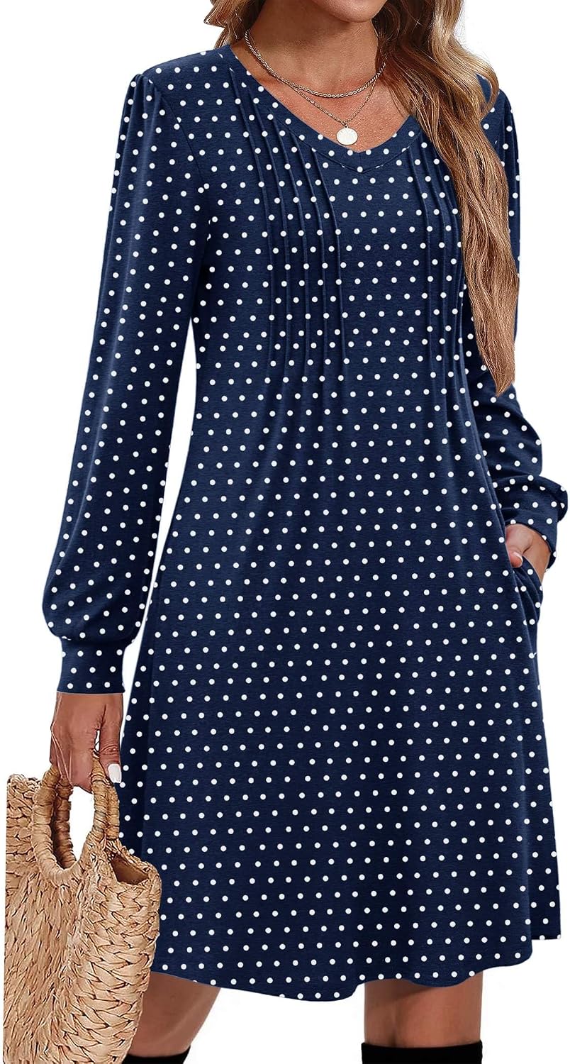 Pleated V-Neck Long-Sleeve A-Line Tunic Dress in C26 Navy Dot