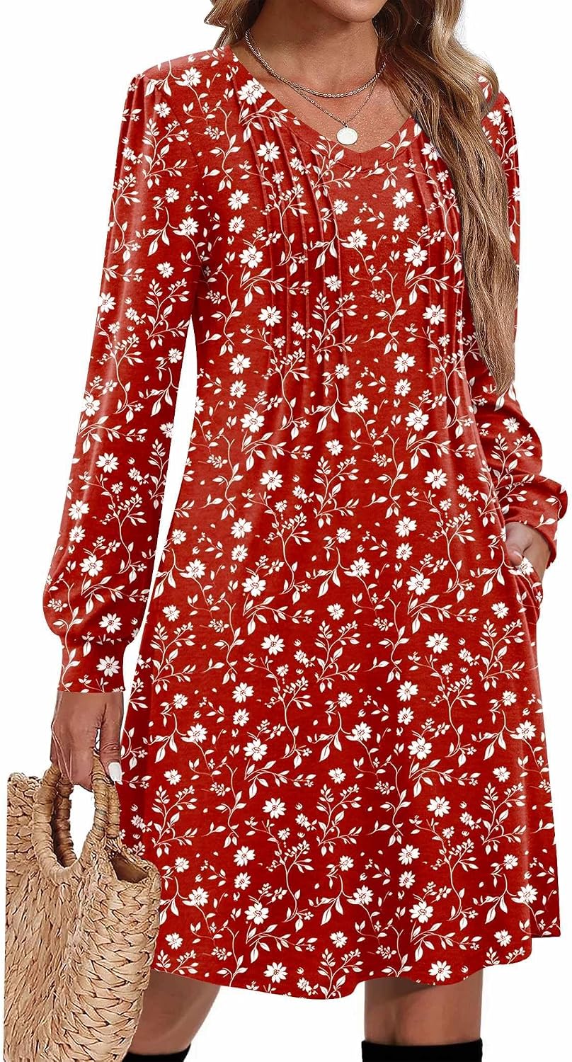 Pleated V-Neck Long-Sleeve A-Line Tunic Dress in Red Floral