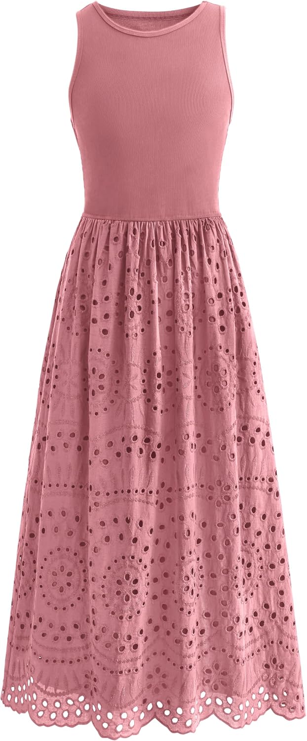 Lace Eyelet Sleeveless Tank Maxi Dress in Dusty Pink