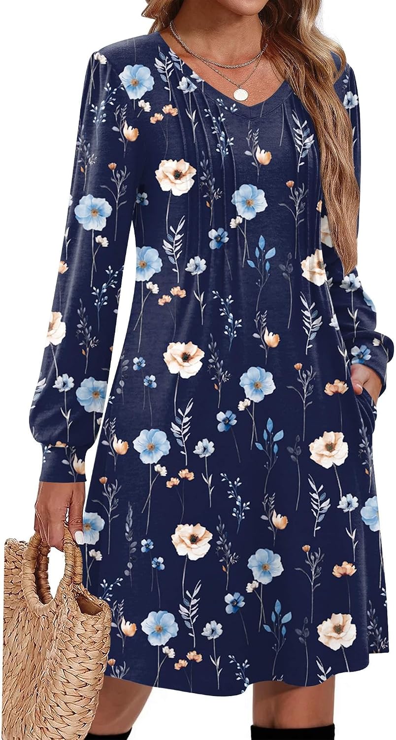 Pleated V-Neck Long-Sleeve A-Line Tunic Dress in Navy Floral