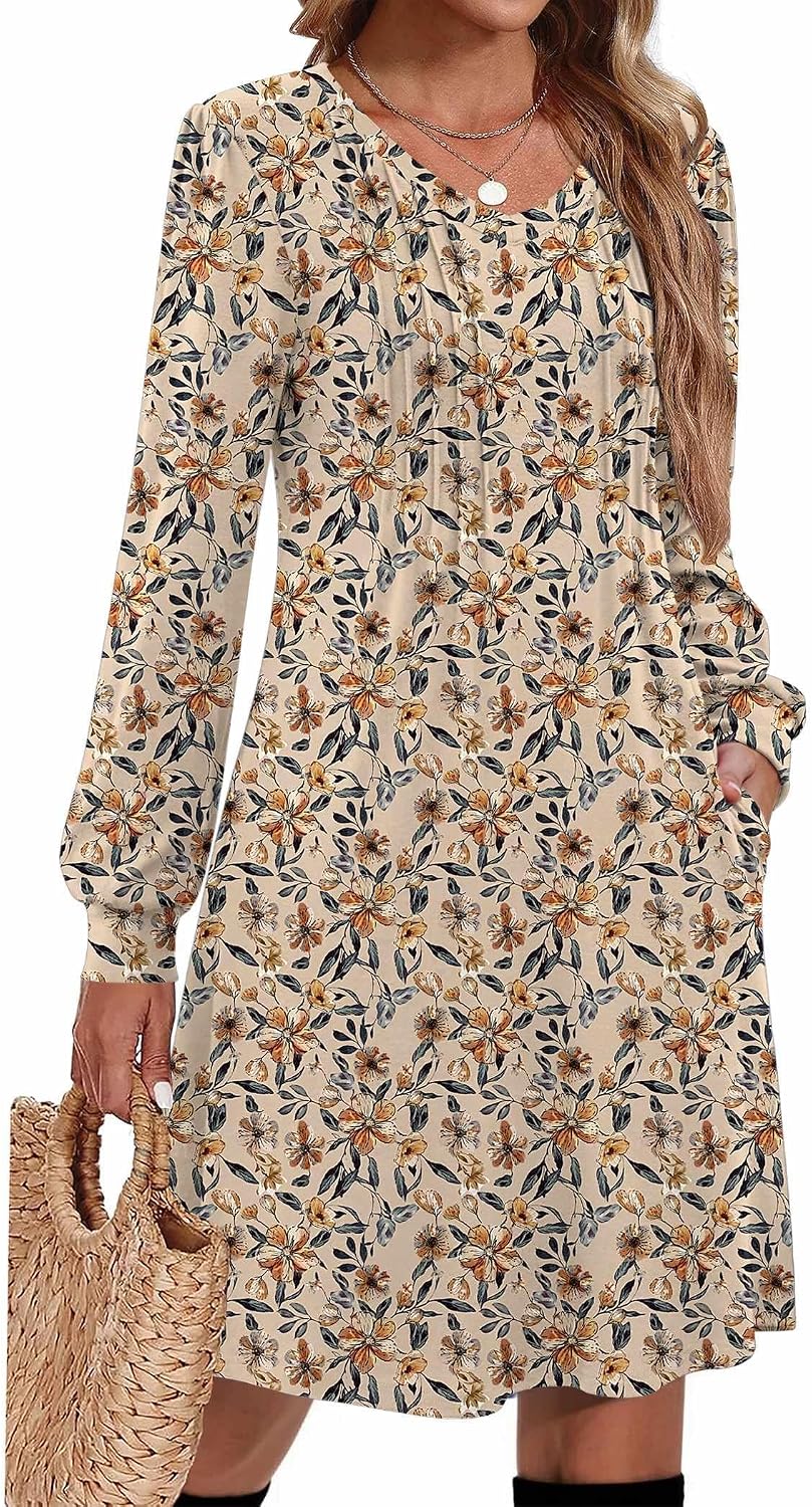 Pleated V-Neck Long-Sleeve A-Line Tunic Dress in Light Khaki Floral