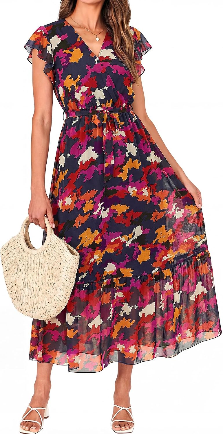 Swiss Dot Wrap V-Neck Belted Midi Dress in Blue Orange Flower