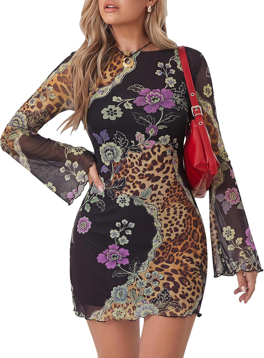 Leopard Print Boat-Neck Bell-Sleeve Mini Dress in Multi Purple