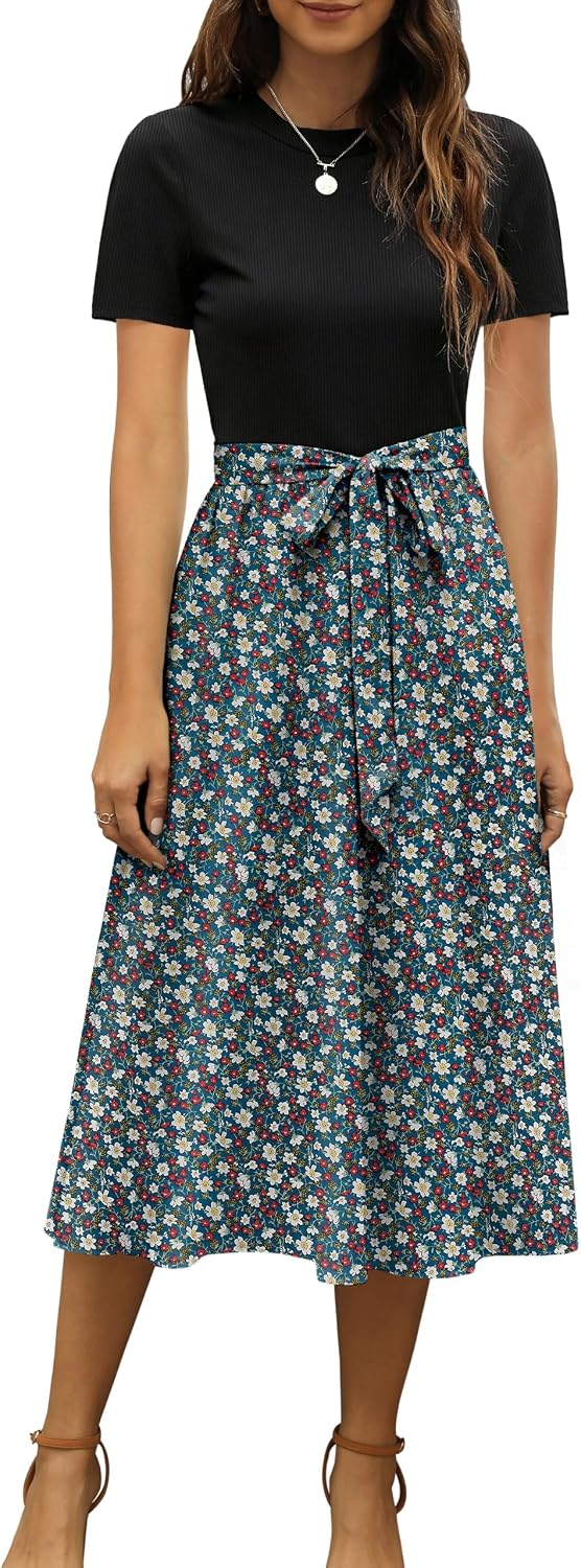 Ribbed Short-Sleeve Midi Dress in black with green floral