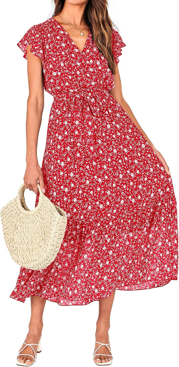 Swiss Dot Wrap V-Neck Belted Midi Dress in Floral White Red