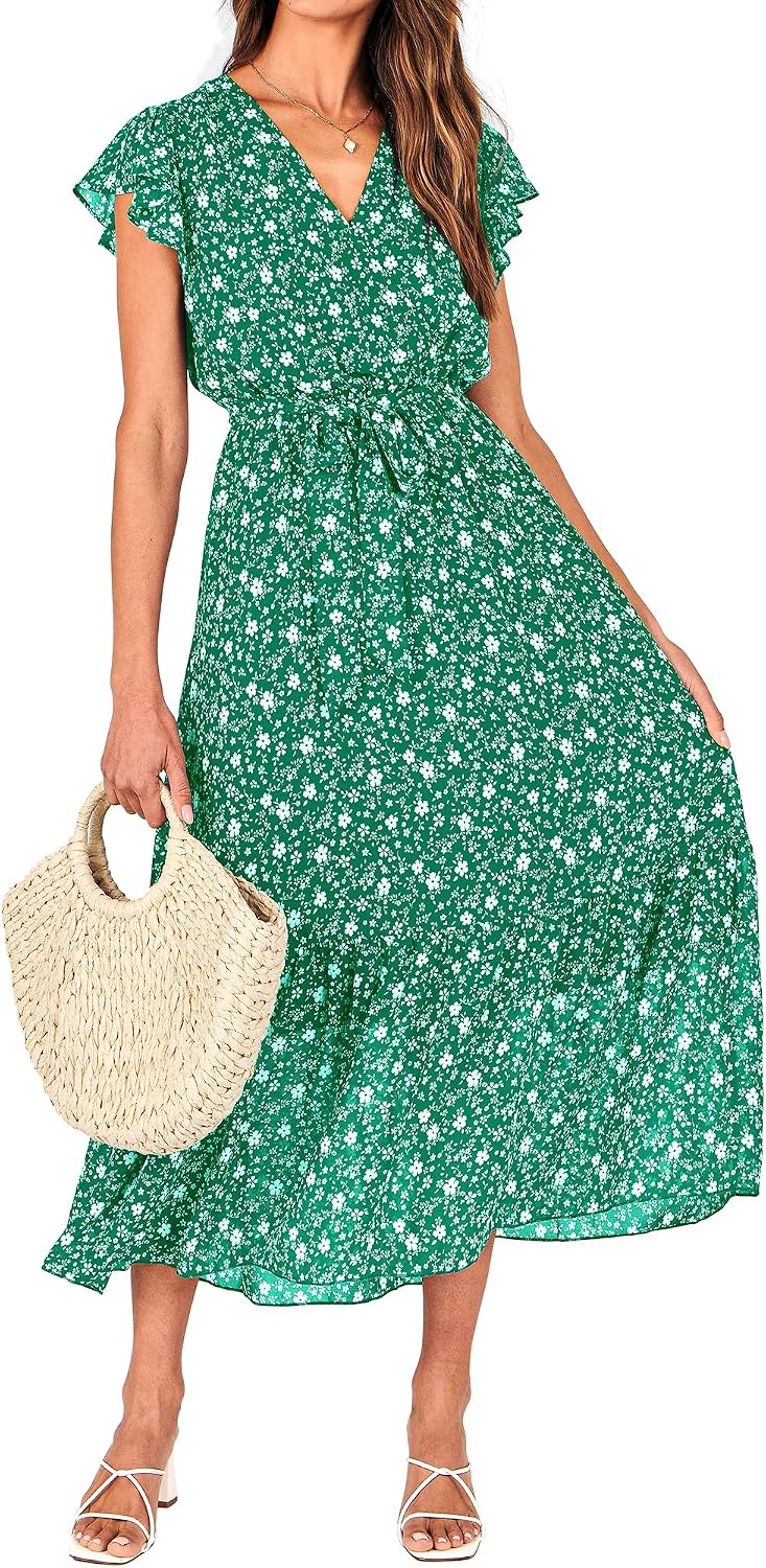 Swiss Dot Wrap V-Neck Belted Midi Dress in Floral White Green