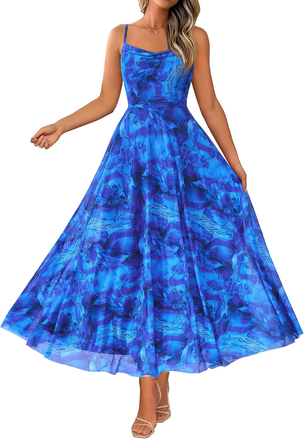 Floral Spaghetti Strap Maxi Dress in Floral Bright Blue
