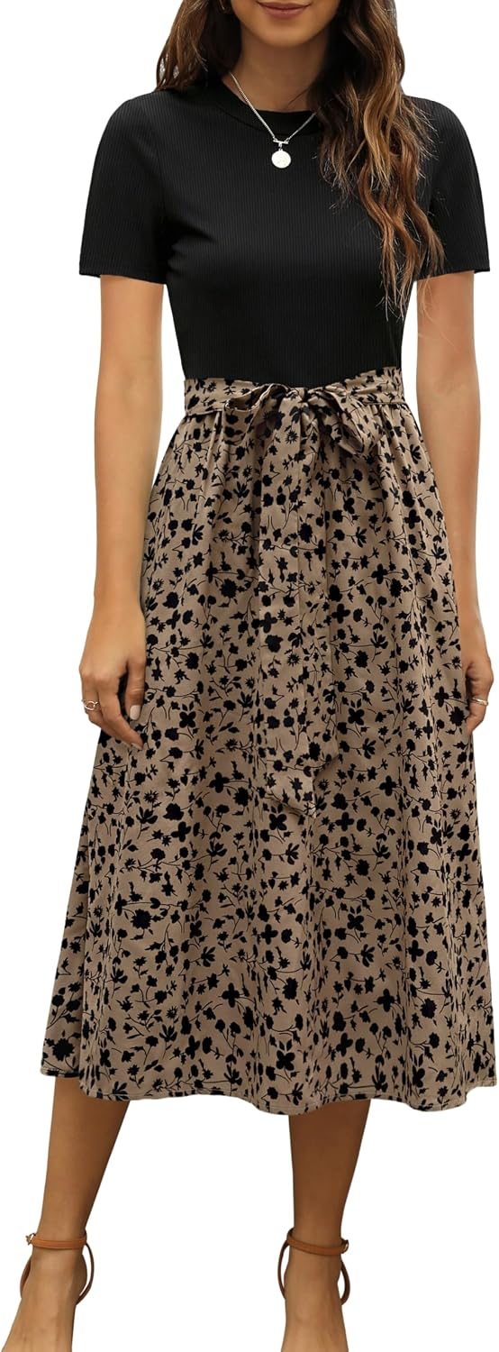 Ribbed Short-Sleeve Midi Dress in black and taupe, style 2