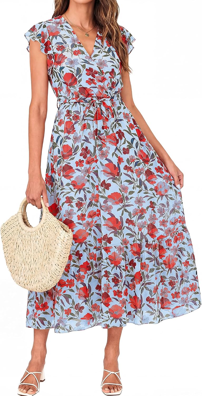 Swiss Dot Wrap V-Neck Belted Midi Dress in Blue Red Flower