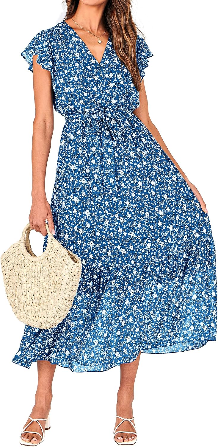 Swiss Dot Wrap V-Neck Belted Midi Dress in Floral White Blue